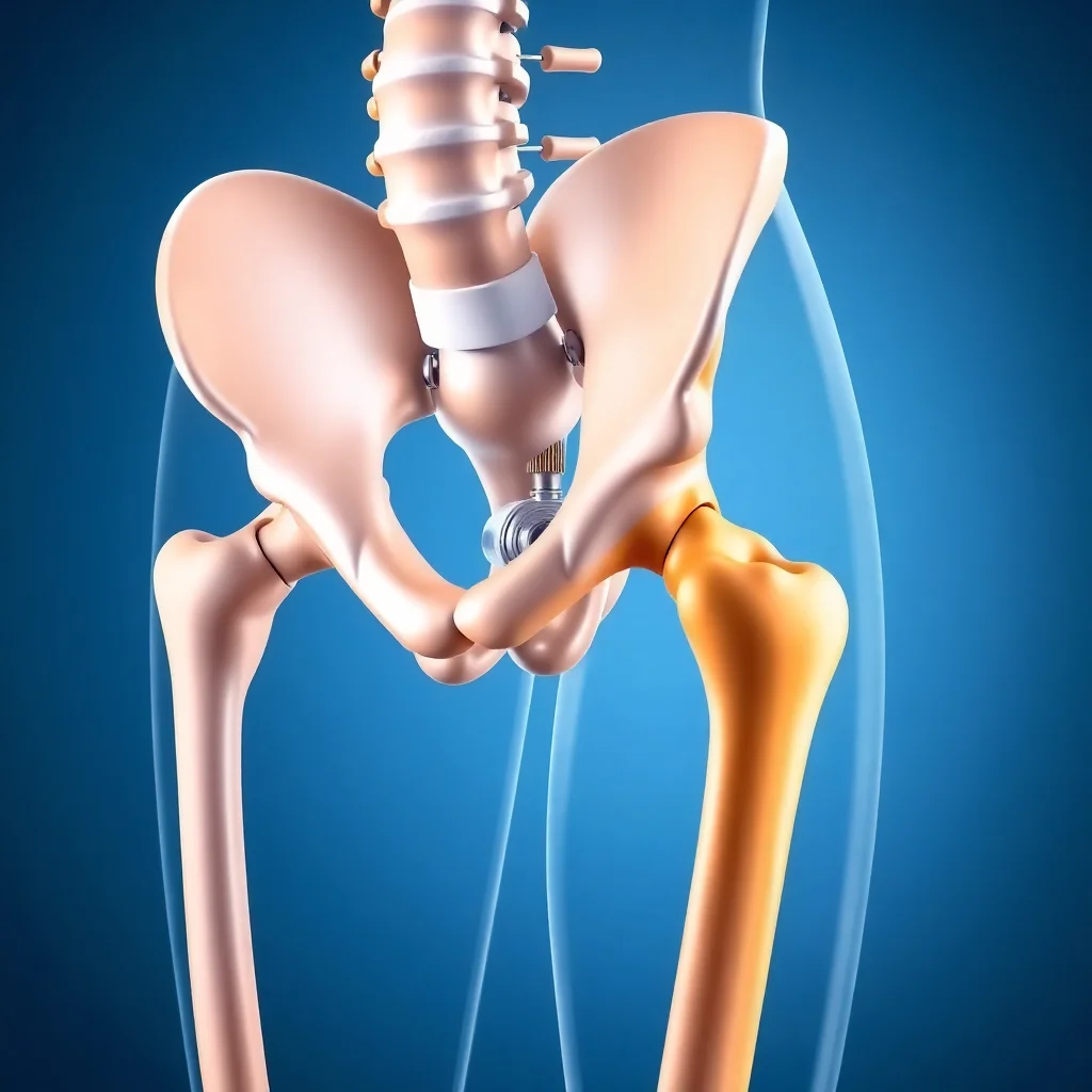 Artificial hip joint replacement illustration