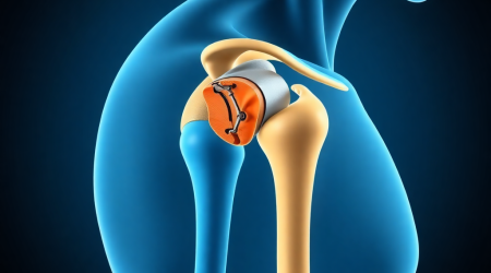 Shoulder joint with surgical repair and implant
